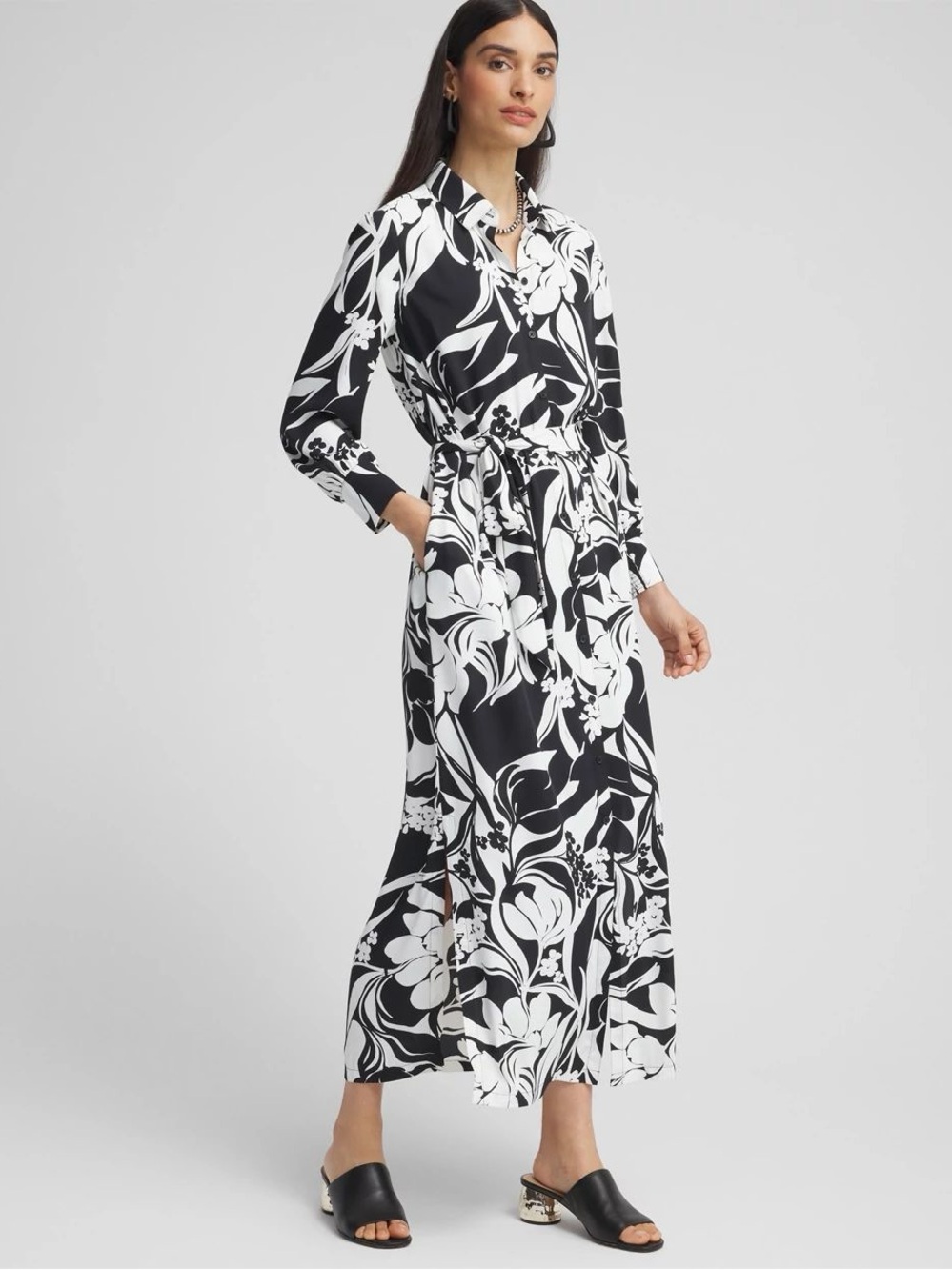 Chico's Black & White Floral Maxi Shirt Dress